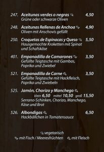 Tapas - Kleine Karte - Vegetarisch, Meeresfrüchte, Fleisch - DIE KISTE Cuxhaven